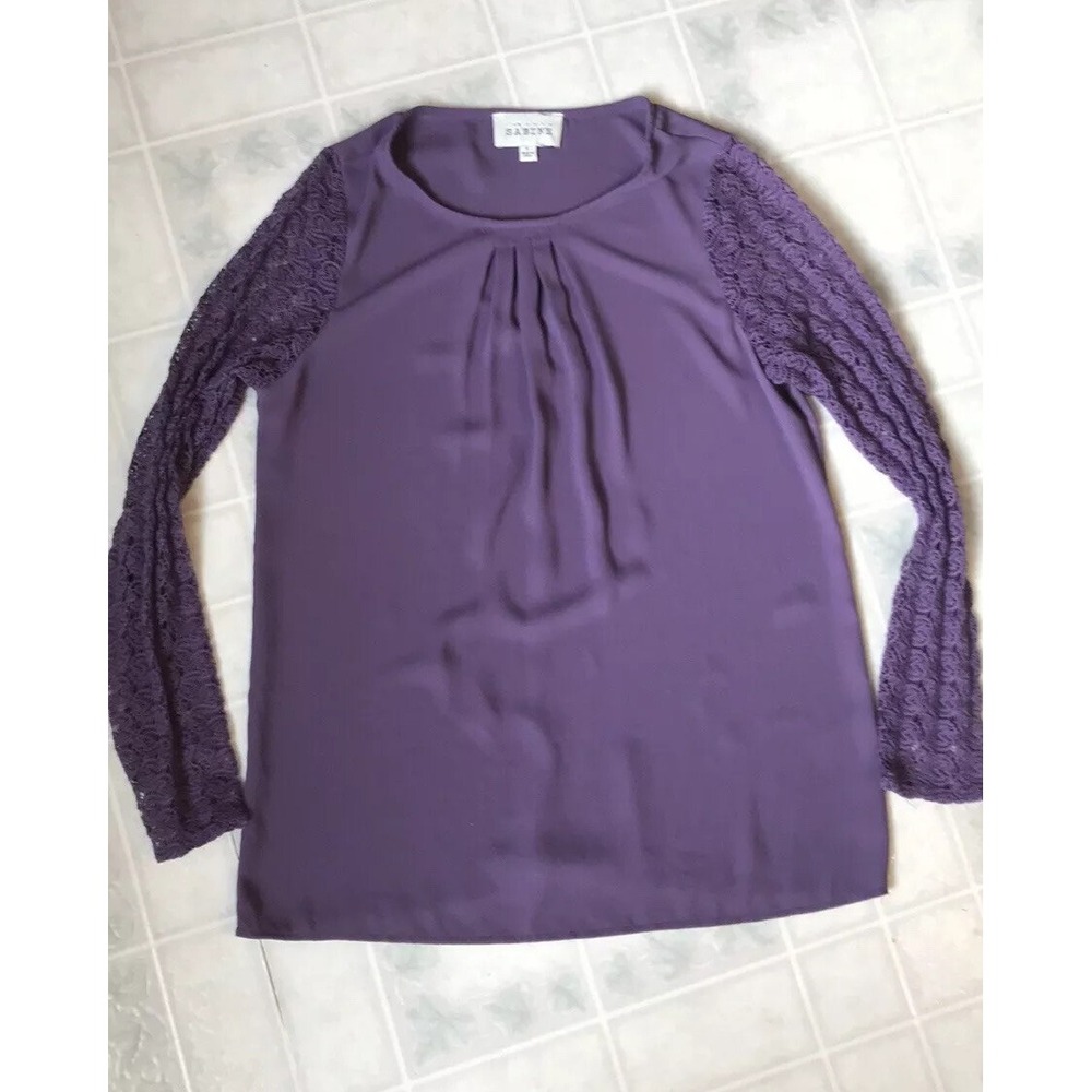 Anthropologie Sabine Sz Small Purple Pleated Blouse Purple Lace Sleeves - Picture 1 of 4